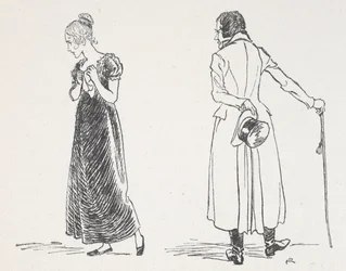 A young couple arguing, the woman having turned away clutching a handkerchief to her chest