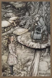Alice talking to the Caterpillar who is sitting on a mushroom smoking a pipe