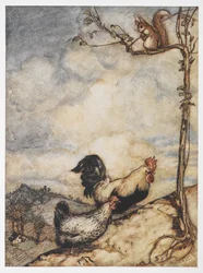 An illustration of a hen, cockerel and squirrel from The Adventures of Chanticleer and Partlet