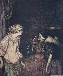 At last she reached the cellar, and there she found an old, old woman with a shaking head .., from The Fairy Tales of the Brothers Grimm