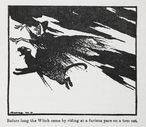 Before long the Witch came by riding at a furious pace on a tom cat