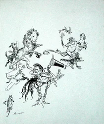 Birds, beasts and fishes were hurrying by in confusing masses, illustration from 