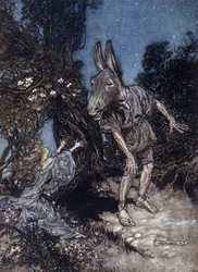 Bottom, the donkey-headed man, and Titania, the queen of fairies. Illustration by Arthur Rackham (1867-1939) for A Midsummer Night