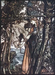 Brünnhilde leads her horse by the bridle (Illustration for The Rhinegold and The Valkyrie)