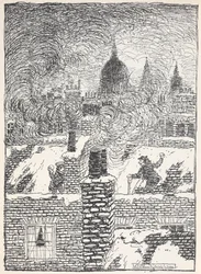 Children playing on rooftops in the snow at night, with the dome of St. Paul