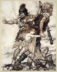 Fasolt Suddenly Seizes Freia and Drags Her to One Side with Fafner, 1910