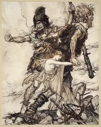 Fasolt suddenly seizes Freia and drags her to one side with Fafner, illustration from 