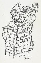 Father Christmas climbing down a chimney with a sack of gifts