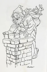 Father Christmas climbing into a chimney with gifts