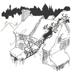 Father Christmas in his sleigh flying over snowy roof-tops