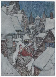 Father Christmas travelling through snowy streets on his sleigh