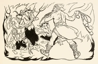 Goll mac Morna assaulting hell to rescue Fionn and the Fianna-Finn, from The Little Brawl at Allen in Irish Fairy Tales