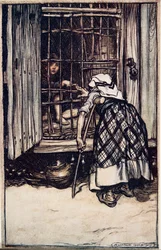 Hansel put out a knuckle-bone, and the old Woman, whose eyes were dim, could not see, and thought it was his finger, and she was much astonished that he did not get fat