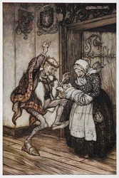 Illustration from Briar Rose of an Elderly King and Queen and Their Baby.