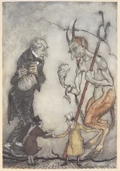Illustration of Scrooge and the devil with two small men below them