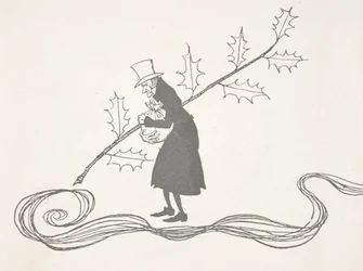 Illustration of Scrooge, depicted by a sprig of holly, clutching a bag of money and looking angry