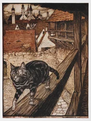 Illustration of a Cat Walking Along a Fence from The Cat and the Mouse in Partnership