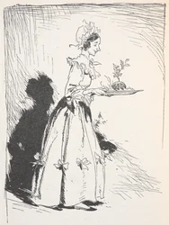 Illustration of a woman carrying a Christmas pudding