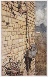 Illustration of the witch climbing up Rapunzel