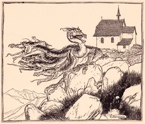 It was not long before the seven headed dragon came, loudly roaring. Illustration by Arthur Rackham from Grimm