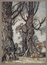 Linkmen running in front carrying winter cherries, from Peter Pan in Kensington Gardens by J.M. Barrie, pub. 1906