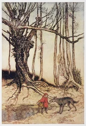 Little Red Riding Hood and the wolf in the wood.