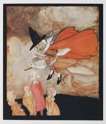 Old Mother Goose, Flying Over Some Children in a Red Cape and Black Hat.
