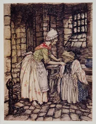 She arranged the shawl with a professional fold, and tied the strings of the rusty bonnet under his chin, from Wind in the Willows by Kenneth Grahame, pub. 1940