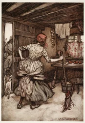 So that he was fain to draw off his forces and take to the outside of the house-the only side which, in truth, belongs to the hen-pecked husband., from Rip Van Winkle by Washington Irving, pub. 1910