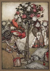 The Queen, King, and Knave of Hearts Passing the Men Dressed as Cards Painting the Rose Bush Red