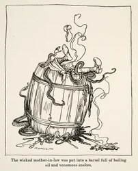 The Wicked Mother-in-Law was Put into a Barrel Full of Boiling Oil and Venomous Snakes, from Little Brother & Little Sister and Other Tales by the Brothers Grimm, pub.1917