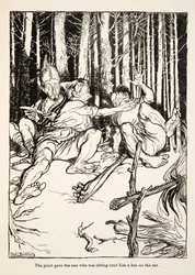 The giant gave the one who was sitting next to him a box on the ear, from Little Brother & Little Sister and Other Tales by the Brothers Grimm, pub.1917