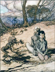 The son made a circle, and his father and he took places within it, and the little Black man appeared, illustration from The King of the Golden Mountain in The Fairy Tales of the Brothers Grimm