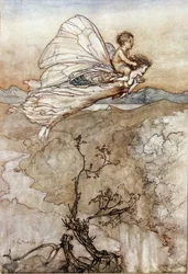 Titania the Queen of Fairies flies with her changeling child on the back. Illustration by Arthur Rackham for The Dream of a Summer Night by William Shakespeare