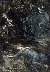Titania the Queen of Fairies is sleeping. Illustration by Arthur Rackham for The Dream of a Summer Night by William Shakespeare