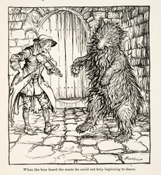 When the bear heard the music he could not help beginning to dance, from Little Brother & Little Sister and Other Tales by the Brothers Grimm, pub.1917