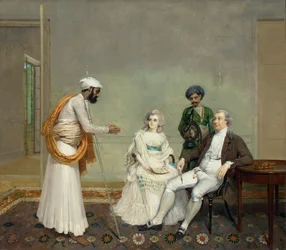 Portrait of Judge Suetonius Grant Heatly and Temperance Heatly with their Indian servants, in an interior in Calcutta