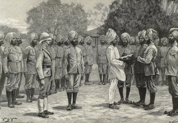 England (19th century). Colonization. India. The new regiments of Burmah. Taking oath to new recruits (engraving)