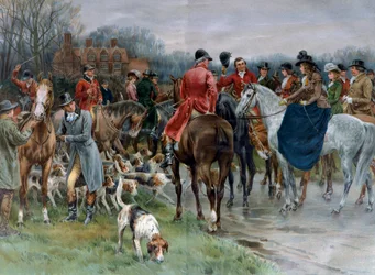 Hunting in England: Man in Hunting Costumes and Women Riding Amazon Horses Gather Before Going Hunting