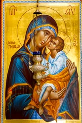 Icon and lamp in Manasija Orthodox Monastery Church near Despotovac, Serbia 2022