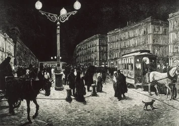 Madrid (1878). The Puerta del Sol Enlightened with Electric Light. Picture after a Drawing by Pellicer for 
