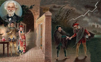 Rigoletto employs Sparafucile to murder Duke - Act 3 scene 4 from opera Rigoletto by Giuseppe Verdi