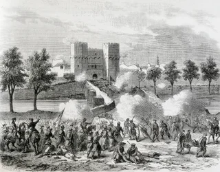 Glorious Revolution. Attack of the Government Troops in the Serrans Gate in Valencia. Engraving from 