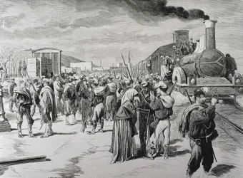Spain. Third Carlist War. Departure of a free corps battalion against the Carlists from Barcelona. Picture from 