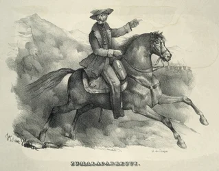 Tomas Zumalacarregui (1788-1835). Carlist general. Spain. First Carlist War. Zumalacarregui riding a horse (engraving)