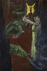 Jason watching Medea put the dragon guarding the golden fleece to sleep