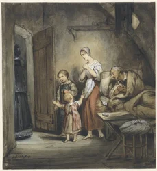 Sick Man in Bed with a Woman and Two Children Beside Him