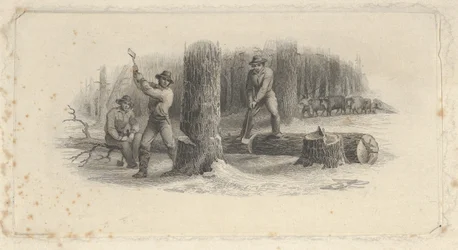 Banknote vignette showing woodsmen felling trees in a snowy forest, ca. 1824-37