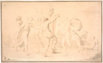 Bacchanal. A satyr, a bacchant, and three bacchantes dance around Priapus herm