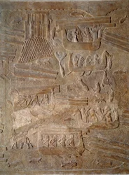 Art Mesopotamia (Assyria): courtyard of the palace of the king of Assyria Sargon II (721 - 705 BC) transport of cedar wood from Lebanon